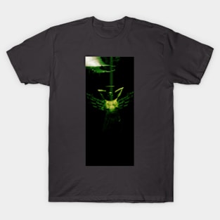 Portrait, digital collage, special processing. Angel standing near a field. Dark, dark clouds. Green. T-Shirt